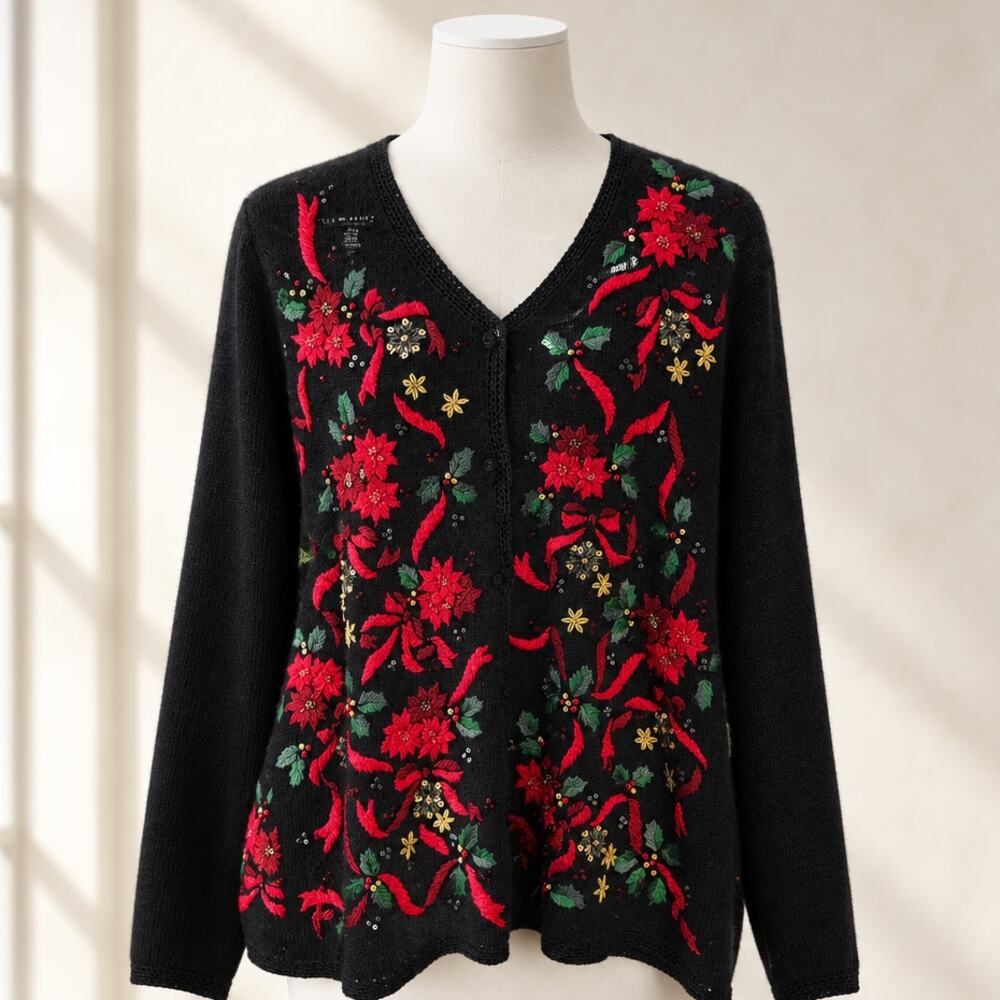 Lane Bryant Vintage Plus 18/20 Embroidered Poinsettia Christmas Cardigan Sweater
